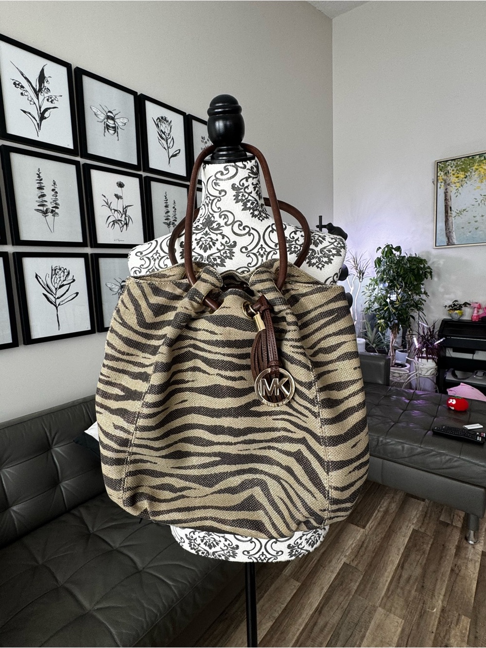 EUC! Michael Kors Zebra-Print Canvas Drawstring-style Hobo bag in Brown and Tan